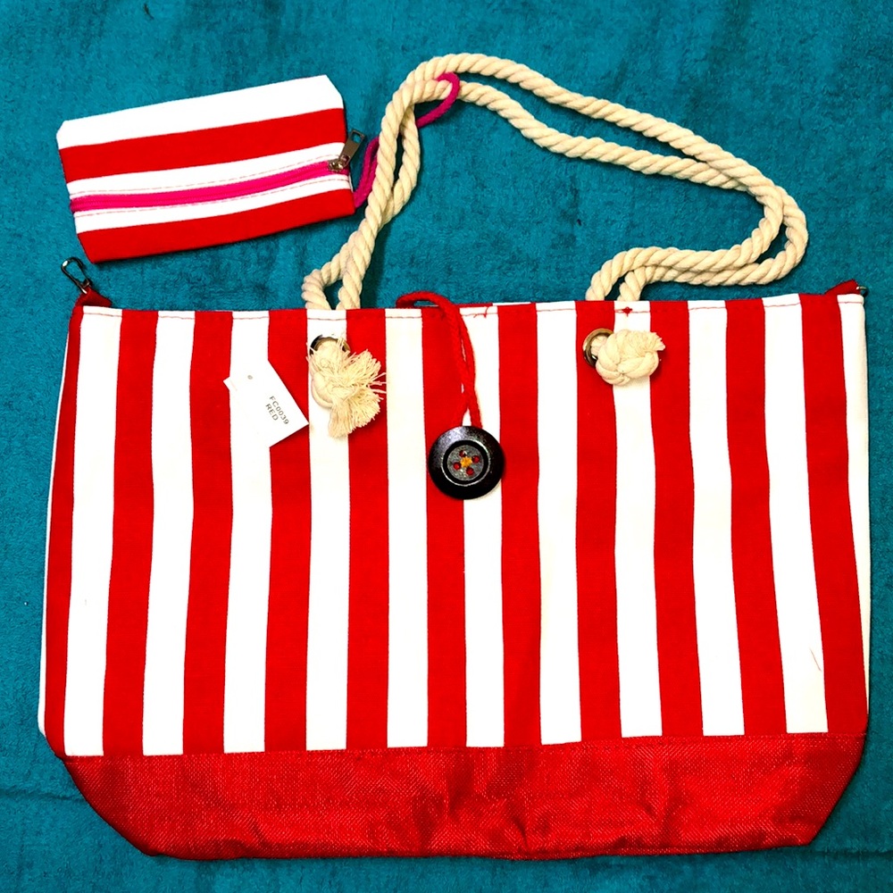 Red striped waterproof canvas tote with wristlet set